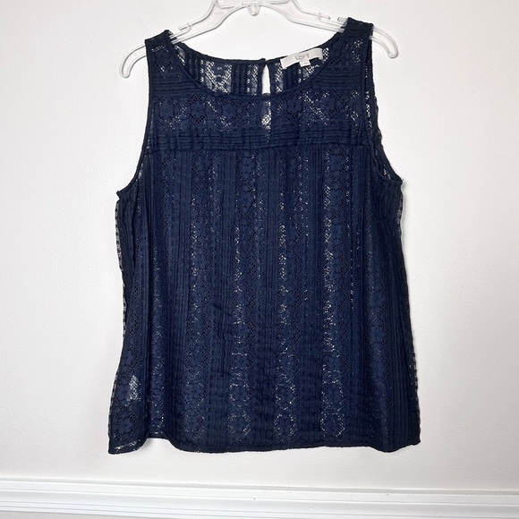 3/$20💥 Loft Sheer Floral Lace Sleeveless Camisole Tank Top Navy Blue - Picture 3 of 14